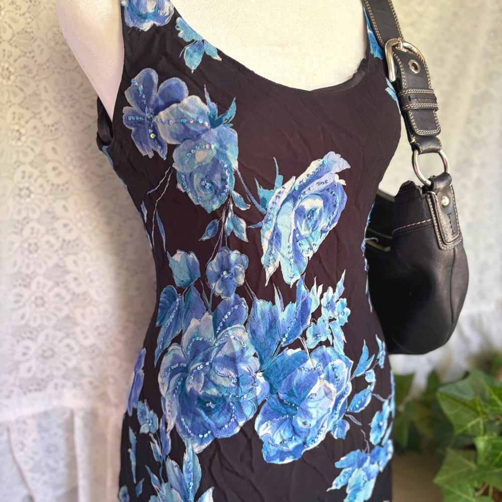 Vintage Fairy Beaded Small Blue Floral Rose Sequin Midi Dress Ruffle Hem